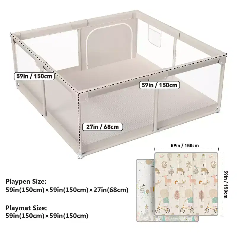 Baby Playpen with Mat 59 x 59 In, Indoor & Outdoor Activity Center, Safety Baby Fence