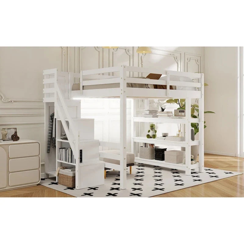 Full/Twin Loft Bed with Storage Stairs - Shelves, Wardrobe & LED Light, Space-Saving Design