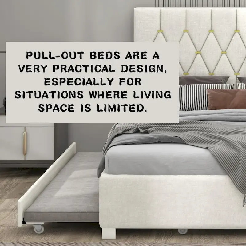 Queen Size Platform Bed with Gold Tufted Headboard, Trundle & Storage (600lb Capacity)