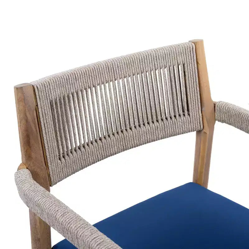 NAYSAYE Patio Dining Sets Braided Acacia Wood Dining Chairs with Cushions and Armrests for Garden Poolside, Navy and Beige, 23.25*21.5*32.25