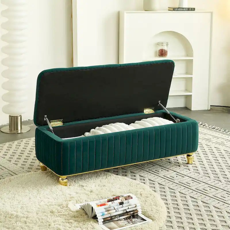 Rectangle Storage Ottoman Bench – Green / Black / Beige, Tufted Velvet, Modern Style, Seats 1–2