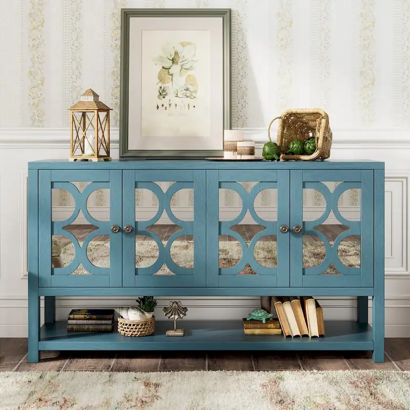 Elegant Retro Console Table,Storage Cabinet,Sideboard with Mirrored Doors, Spacious Shelves, and Durable Acacia Wood Legs