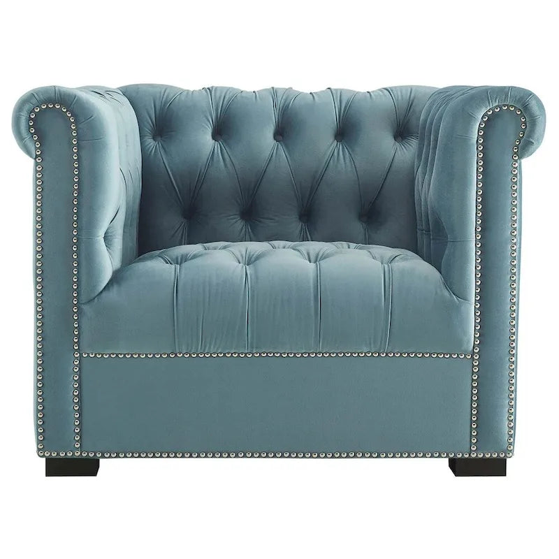 Chesterfield Armchair – Midnight Blue / Aqua / Grey / Ivory, Performance Velvet, Button Tufted, Seats 1