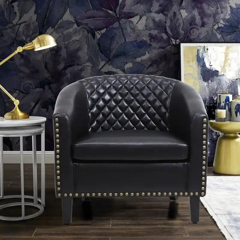Barrel Accent Chair – Black / Brown / White, PU Leather, Nailhead Trim, Solid Wood Legs, Seats 1