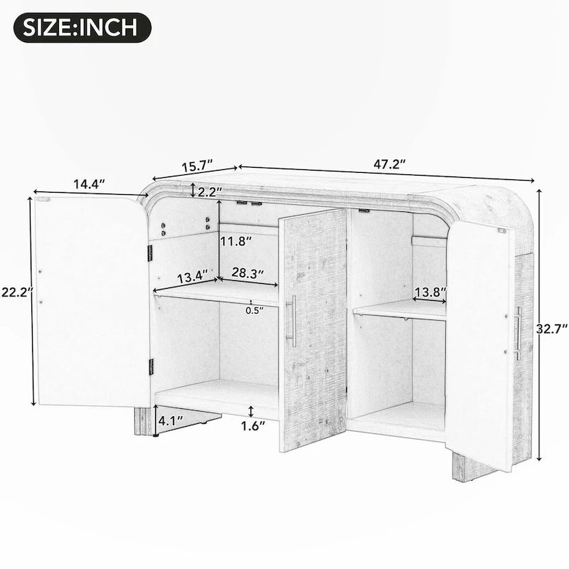 Natural Wood Wash / Antique Black Curved 3-Door Sideboard with Adjustable Shelves for 1–2 Person