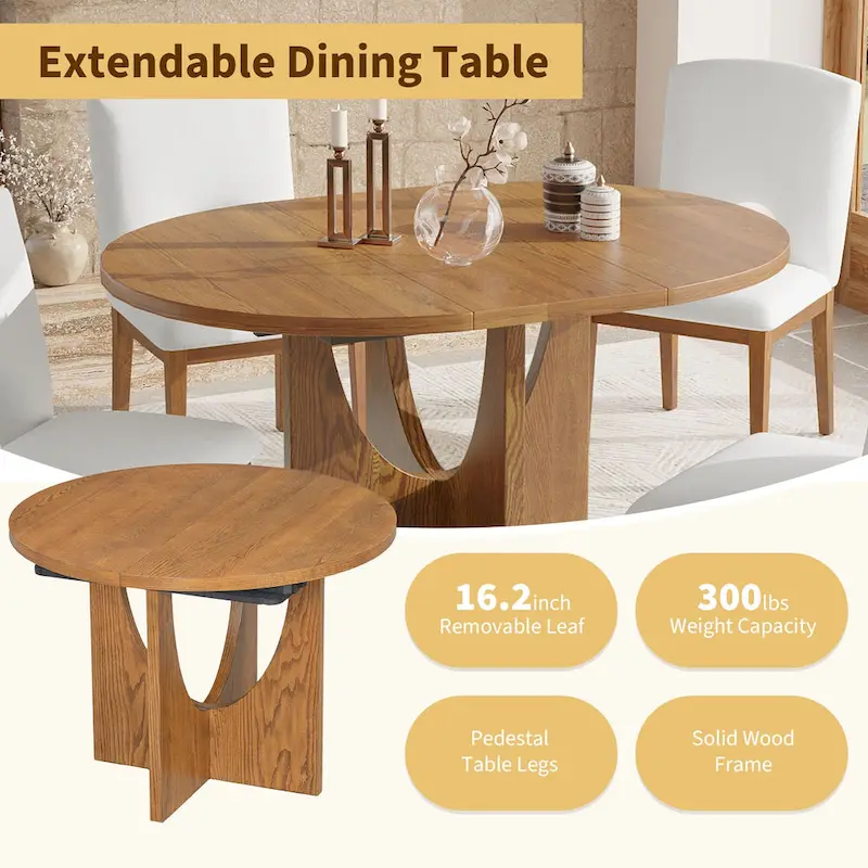 Modern Style Extendable Round Dining Table with Removable Leaf and Upholstered Dining Chairs