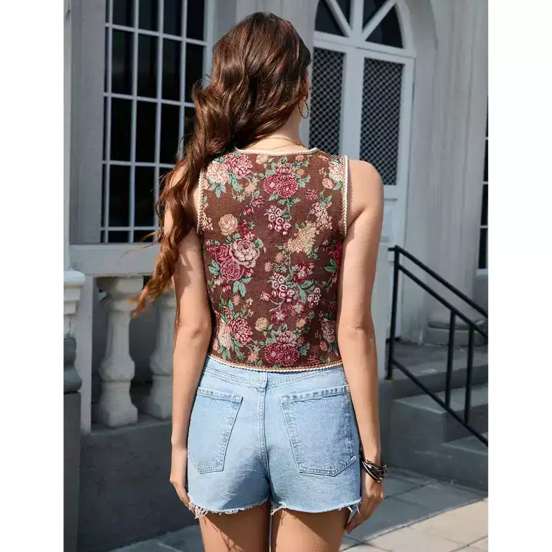 Coolmee Women's Casual Vests Tops V Neck Sleeveless Fashionable Floral Jacquard Tie Front Tops Fashion Cropped Party Vests XL Black jacquard
