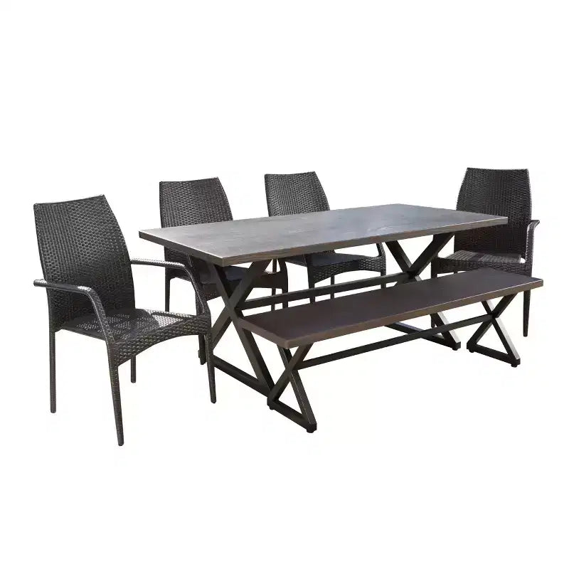 Christopher Knight Home Perault Outdoor Wicker and Aluminum 6 Piece Dining Set with Bench, Multibrown/Brown