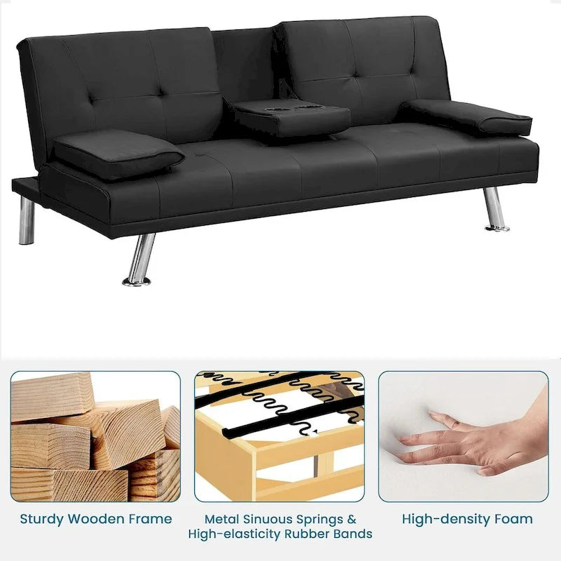 Convertible Sofa Bed – Black / Dark Brown, Faux Leather, 3-Position Recliner, Seats 2