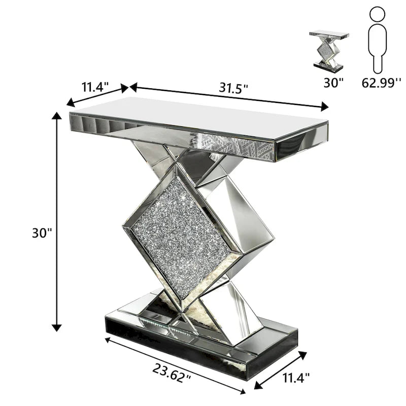 Geometric Mirrored Console Table – Silver, Glam Style, Diamond Lattice Base