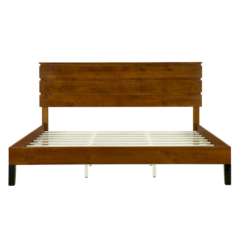 Brown King Size Mid-Century Modern Solid Wood Platform Bed with Three-Piece Headboard Design