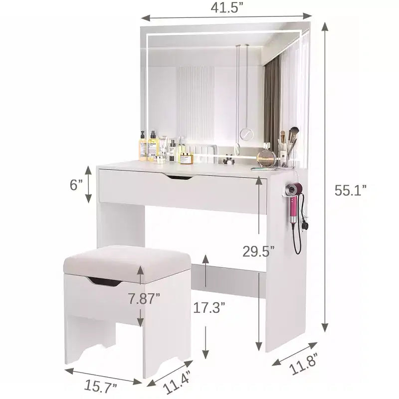 VECELO Vanity Desk Set with LED Lighted Mirror & Power Outlet, Makeup Table with Large Drawer, Storage Stool and Hair Dryer Stand for Bedroom, White