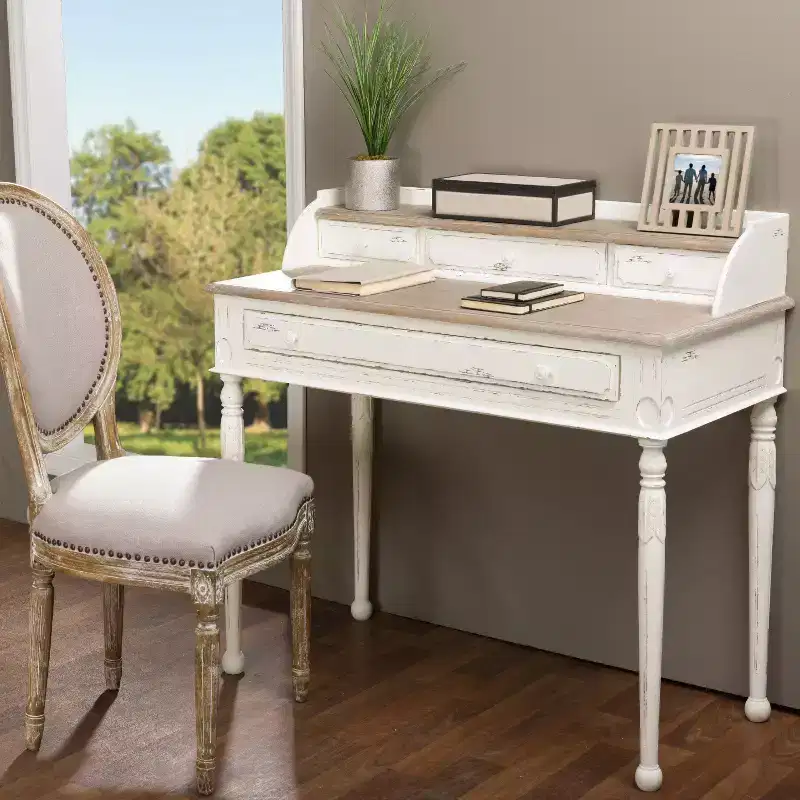 Anjou Traditional French Accent Writing Desk White/Light Brown - Baxton Studio: 4 Drawers, Mindi-Wood Top, Home Office Furniture