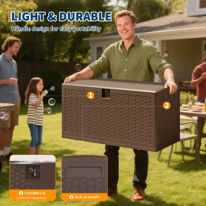 73 Gallon Waterproof Outdoor Storage Deck Box  Constructed from Durable Resin  Lockable Lid with Convenient Handles  Brown Finish