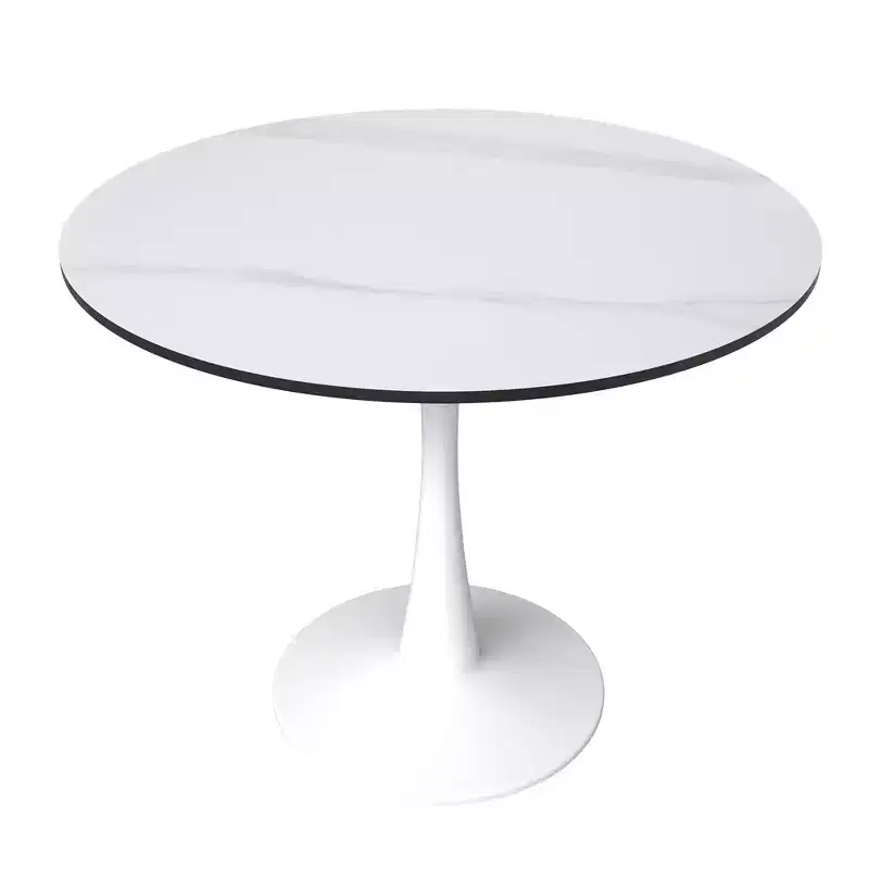 LeisureMod Bristol 31 Round Dining Table  Sintered Stone Top Accent Caf Table & Sturdy Steel White Pedestal Base for Kitchen and Small Spaces