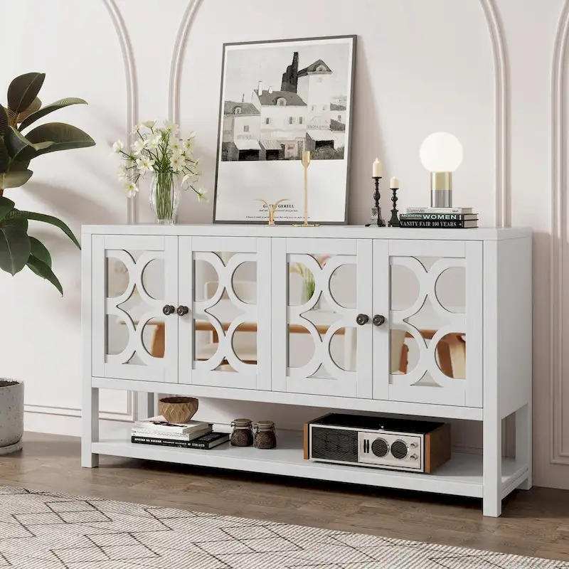 Elegant Retro Console Table with Mirrored Doors, Spacious Shelves and Durable Acacia Wood Legs