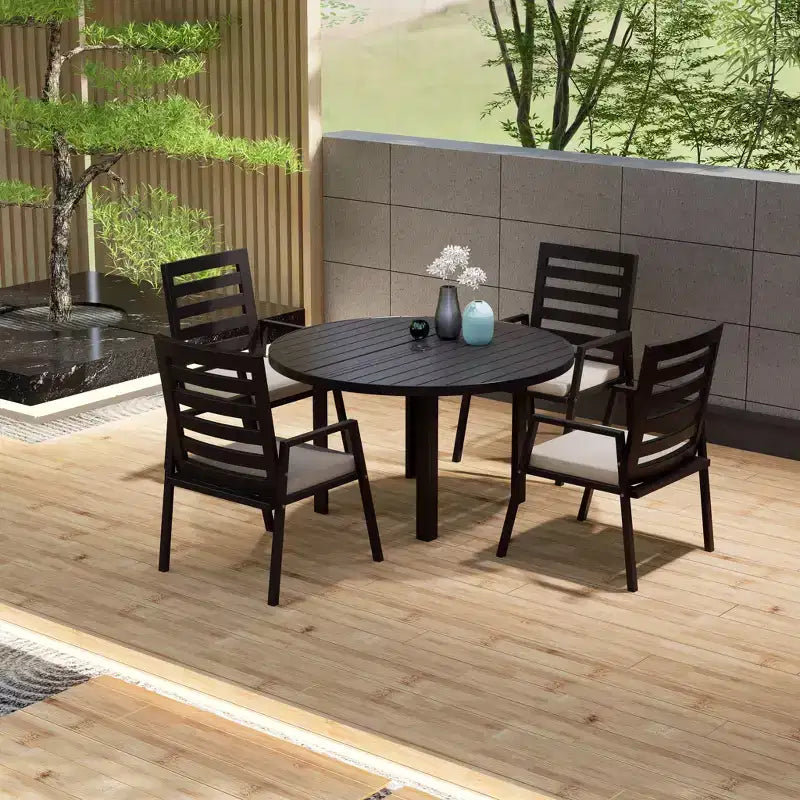 LeisureMod Chelsea 5-Piece Patio Dining Set, 48 Round Aluminum Dining Table and 4 Dining Armchair