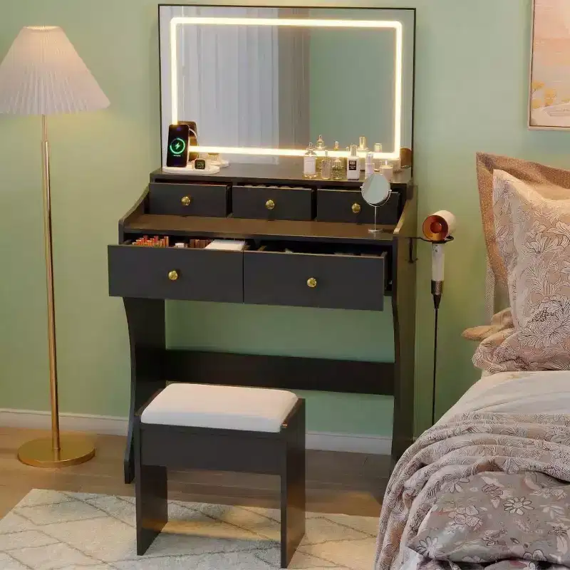 GustoWave Makeup Vanity Desk with Mirror & Chair, 5 Drawers, Hair Dryer Holder, Cushioned Stool for Bedroom