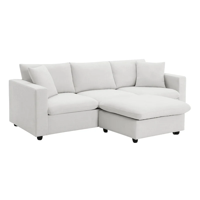 White L-Shaped Sectional Sofa with Ottoman, Seats 5