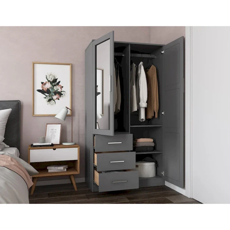 100% Solid Wood Metro Wardrobe Armoire – Solid Wood or Mirrored Doors, Multiple Finishes