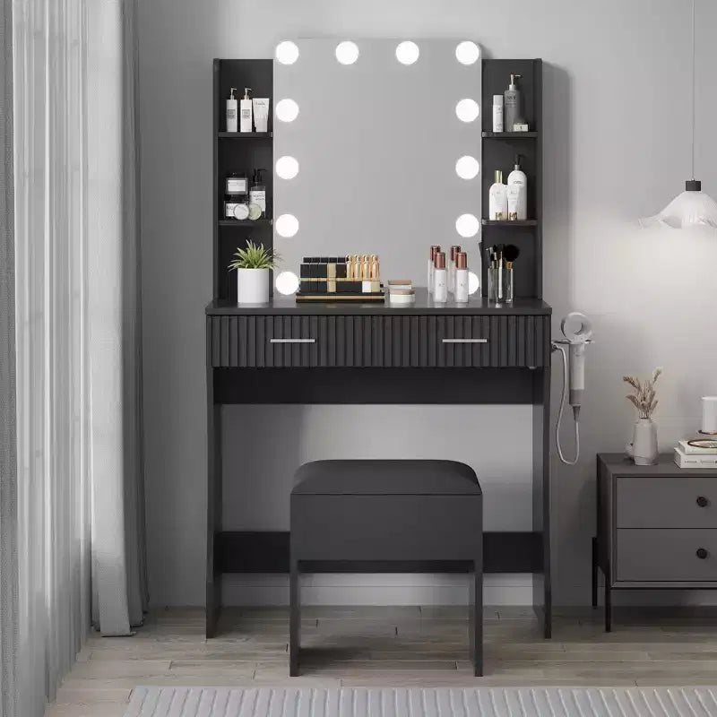 Makeup Vanity Desk with Mirror and Lights, Vanity Table with 2 Drawers, 6 Shelves, Hair Dryer Holder & Stool,Dressing Table Furniture for Bedroom