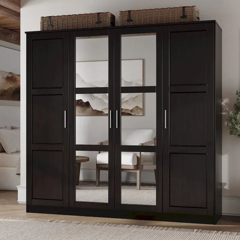 100% Solid Wood  4-Door Wardrobe with Solid Wood or Mirrored Doors