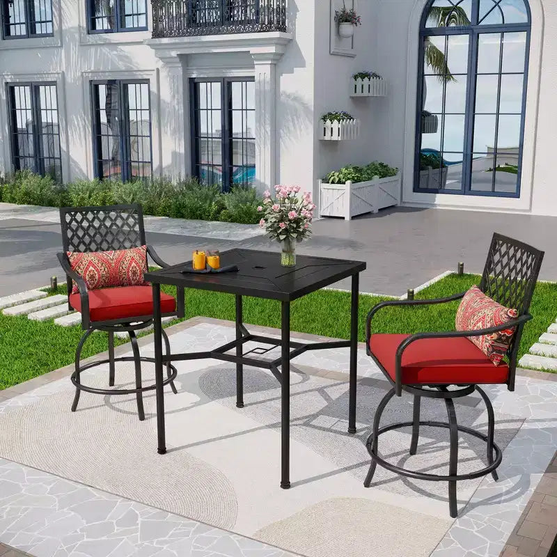 Captiva Designs 3pc Outdoor Patio Geometry Square Steel Bar Table & High Bar Swivel Stools