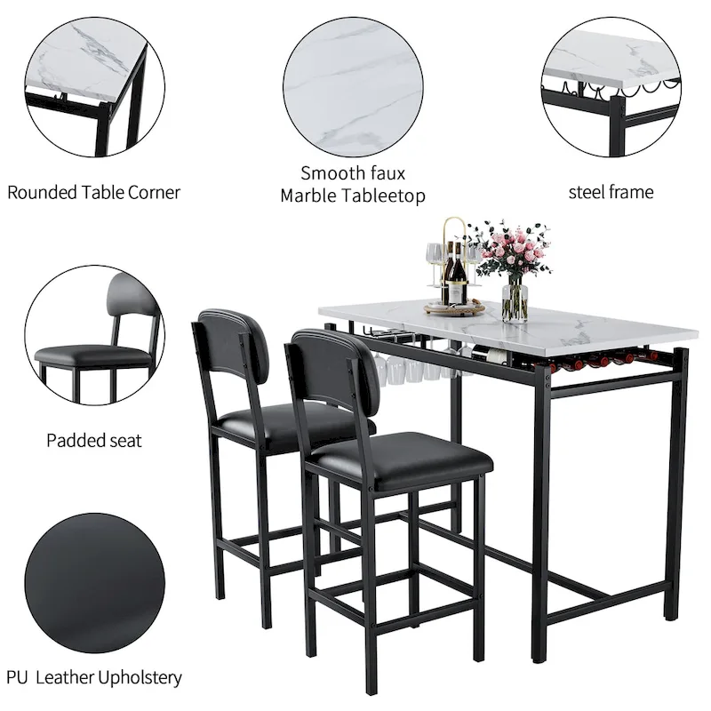 Modern Style 3-Piece Dining Set with Rectangular Table and 2 Upholstered Dining Chairs