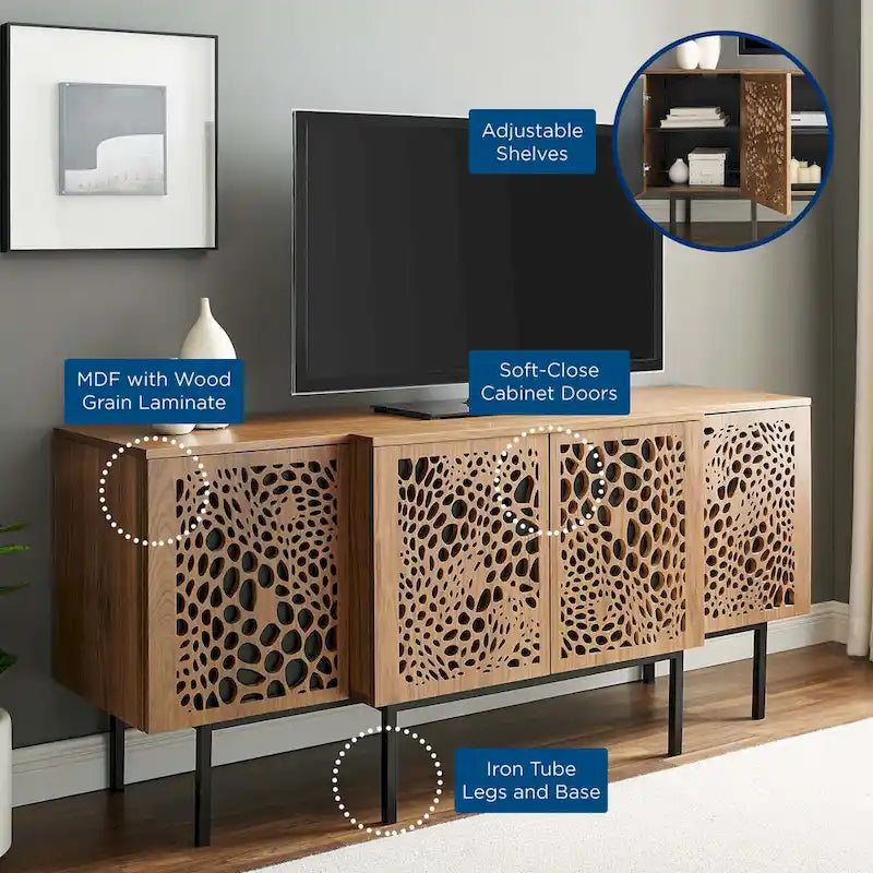 Walnut Veneer Sideboard Credenza with Sliding Doors for 1–4 Person Dining Room