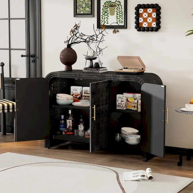 Natural Wood Wash / Antique Black Curved 3-Door Sideboard with Adjustable Shelves for 1–2 Person