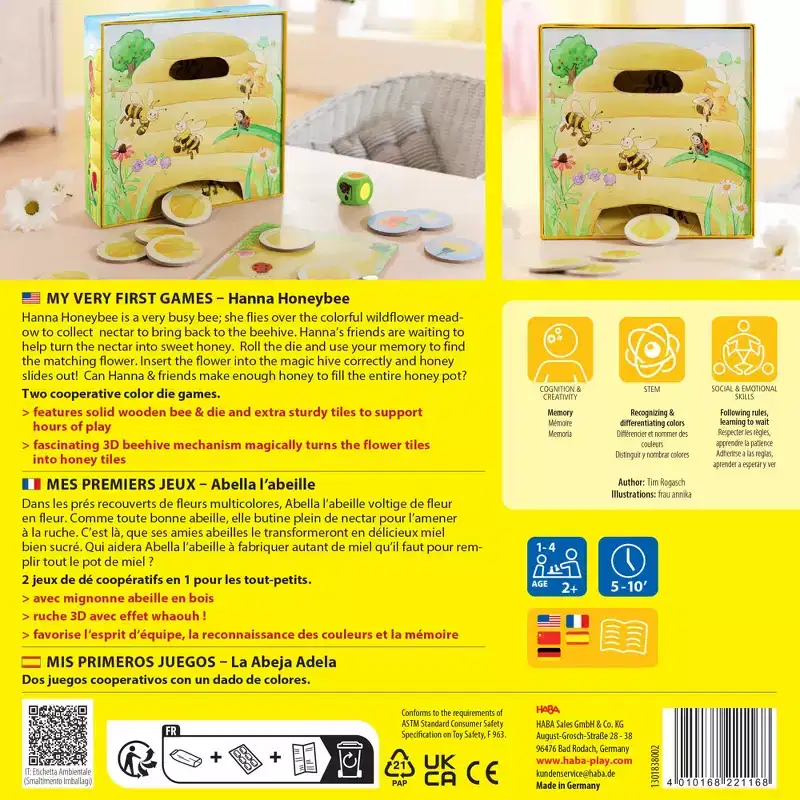 HABA My Very First Games - Hanna Honeybee - 2 Cooperative Color Games & Learning Toys for Toddlers 2-4 Years, Preschool Kids Games (Made in Germany)