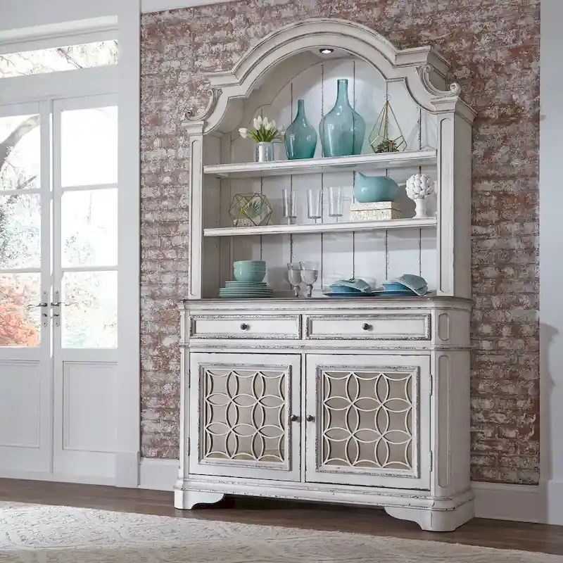 Wood Buffet Cabinet with Mirrored Doors and Drawer Storage