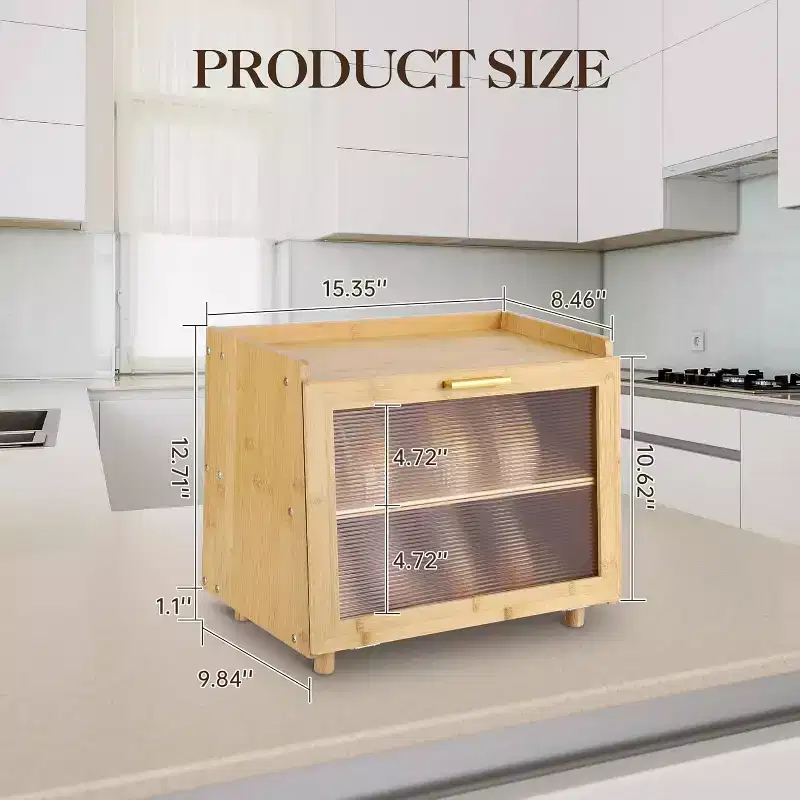 2-Layer Bamboo Bread Box with Acrylic Door, Bread Storage Container for Kitchen Countertop, Organizing Baguettes, Pastries & Baked Goods