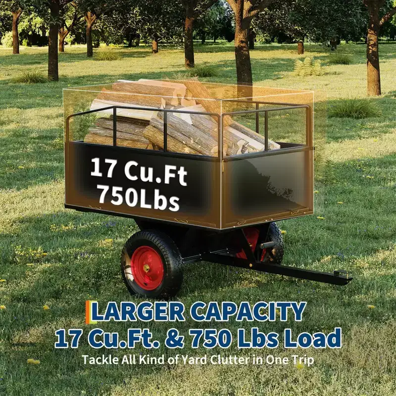 Heavy Duty Steel Garden Dump Cart  17 Cu.ft, 750lbs Capacity, Removable Sides, All-Terrain Wheels, Tow Behind ATV/UTV/Lawn Mower/Tractor