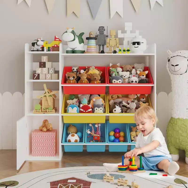 Kids Toy Organizer with 8 Removable Bins, Large Toy Box & Bookshelf Combo for Bedroom, Nursery, Classroom for Toys Books