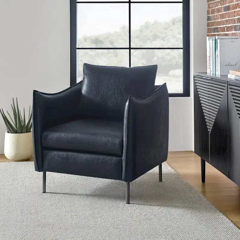 Modern Accent Chair – Black / Brown / Grey / Camel / Navy / Beige, Vegan Leather, Metal Legs, Seats 1