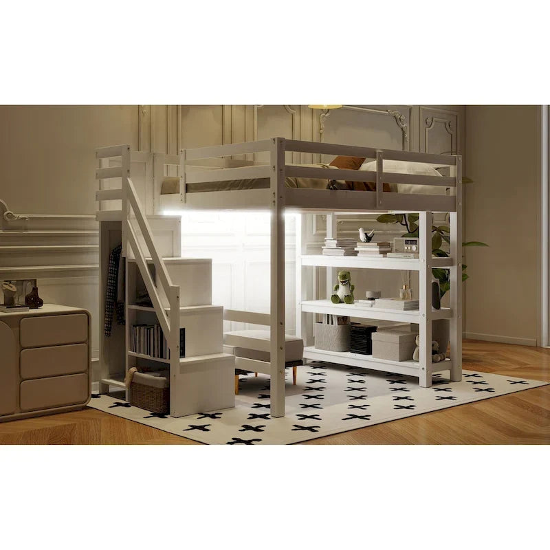 Full/Twin Loft Bed with Storage Stairs - Shelves, Wardrobe & LED Light, Space-Saving Design