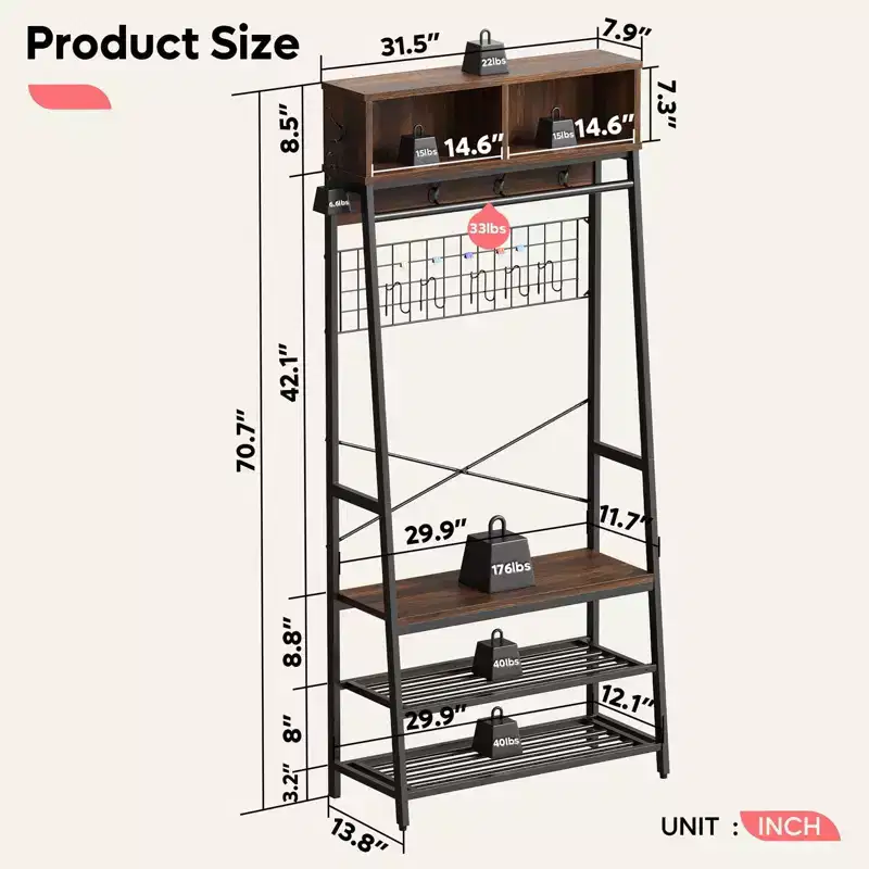 Bestier Coat Rack with Shoe Storage Bench, 70 Hall Tree with Shelves, Clothes Hanger Stand for Jackets & Cats, 5-in-1 Entryway Organizer with Hooks
