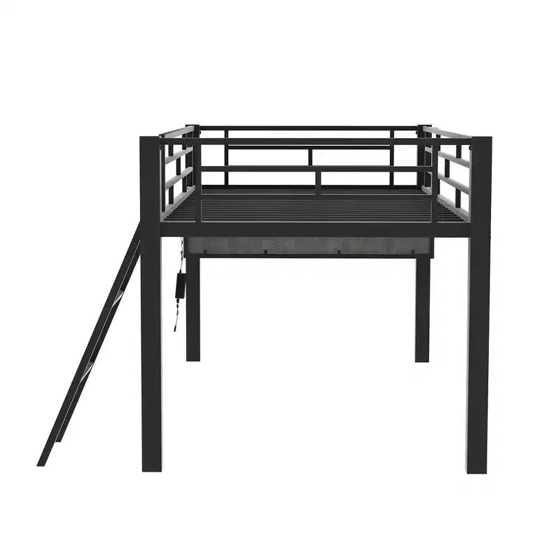 Twin Gaming Loft Bed with Desk & LED Lights, Black Metal Mid Loft Bed with Storage for Kids Teens, eSports-Inspired Design