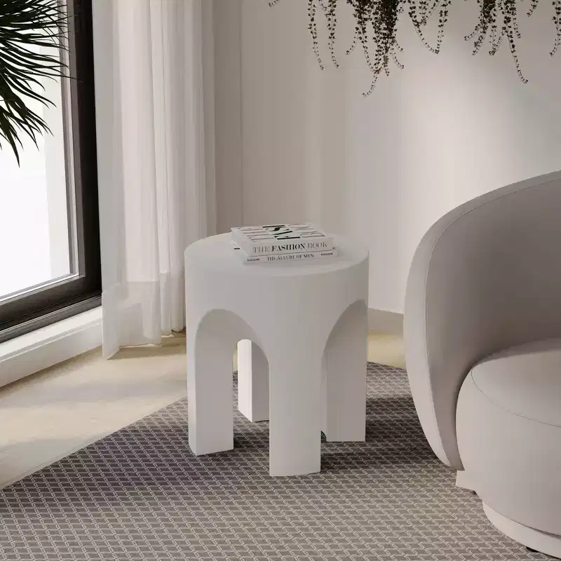 LeisureMod Crus 18 Sculptural Fiberstone End Table - Round Vaulted Base Side Table