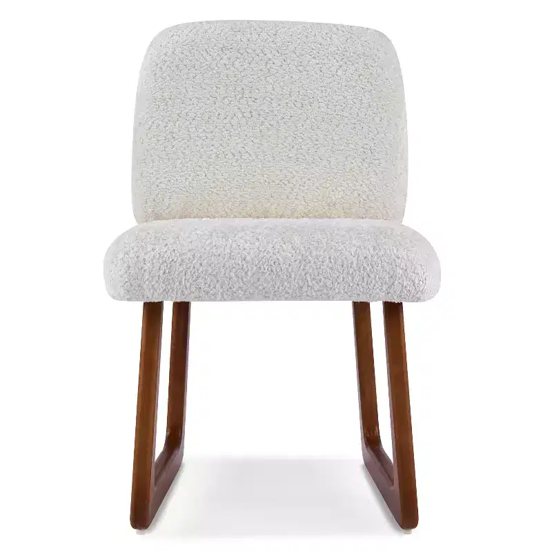 Set of 2 Boucle Upholstered Dining Chairs with Curved Wooden Legs, Beige - ModernLuxe
