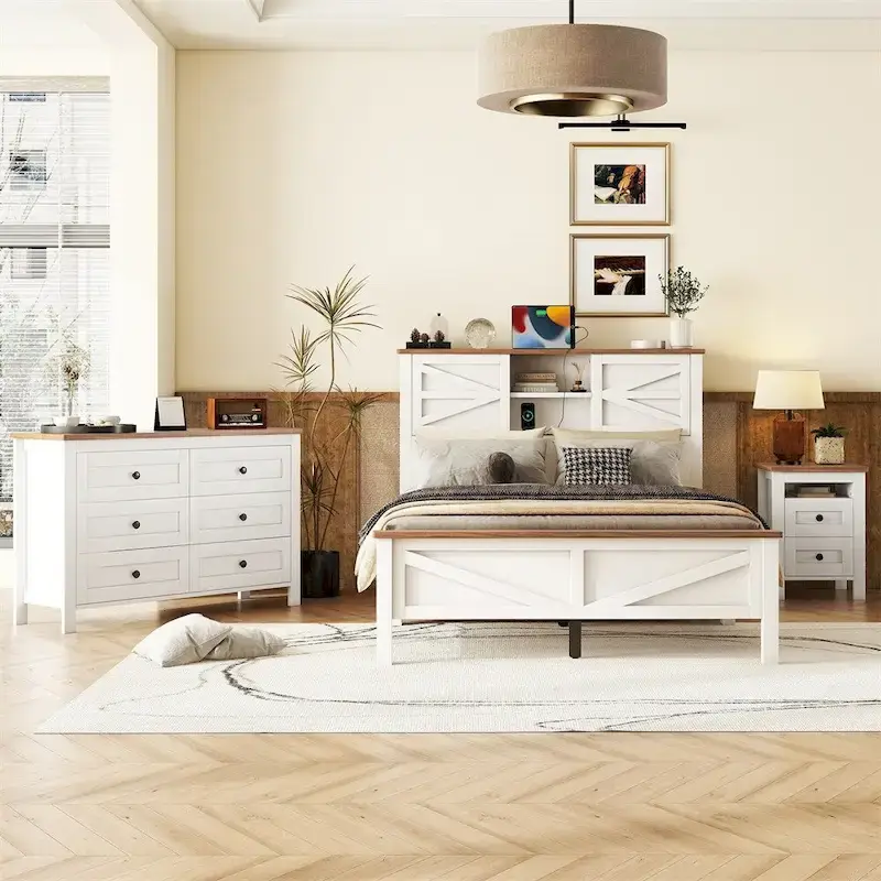 Bedroom Sets Full Size Platform Bed with Charging Station,Nightstand,Dresser(Set of 3)