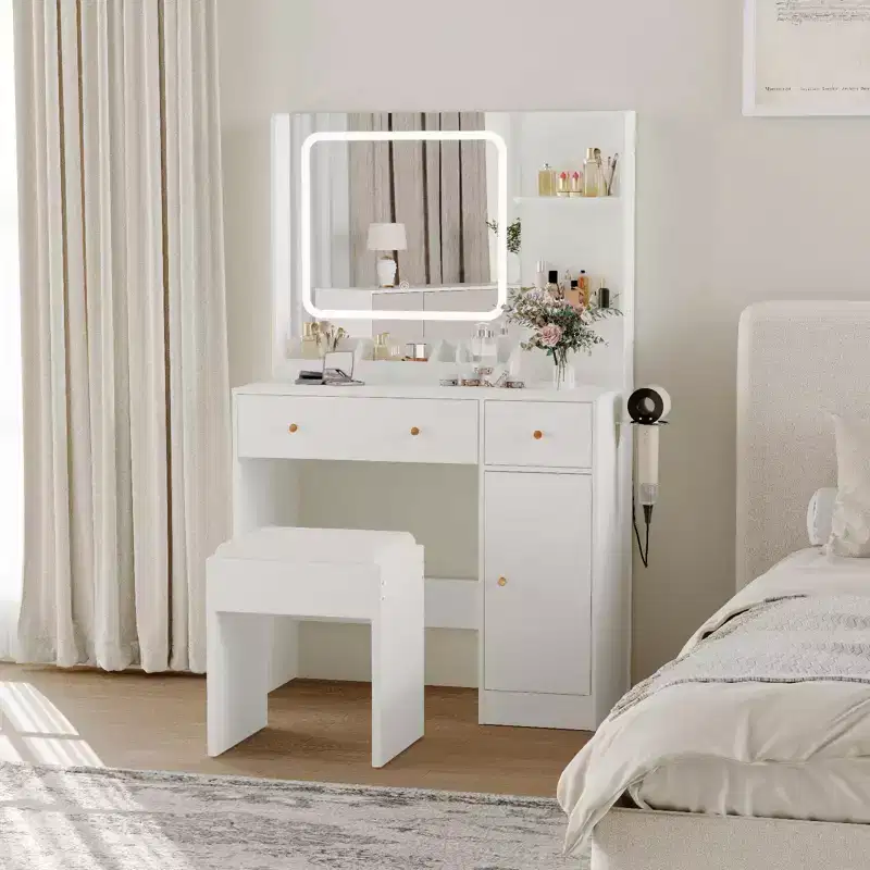 COZONY Makeup Vanity with Lights & Mirror, Vanity Table with Charging Station, Hair Dryer Holder, Storage Drawers & Shelves, Upholstered Stool