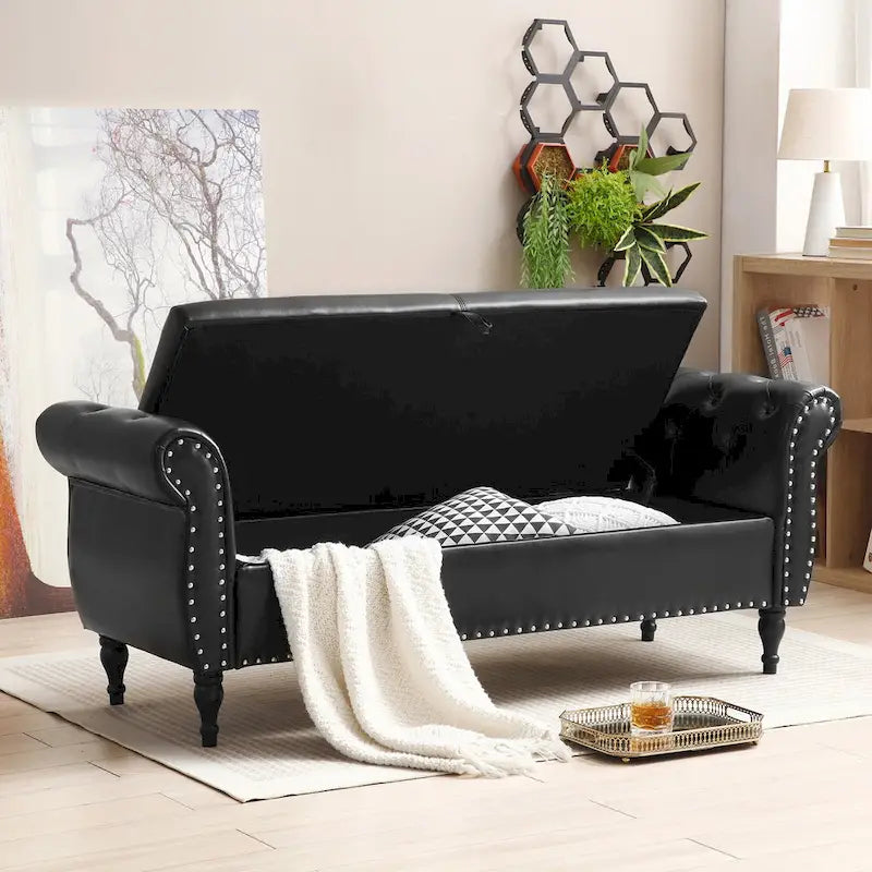 Upholstered Storage Ottoman Bench – Brown / Beige / Blue / Black / Grey / Pink, Velvet, Rolled Arms, Seats 2