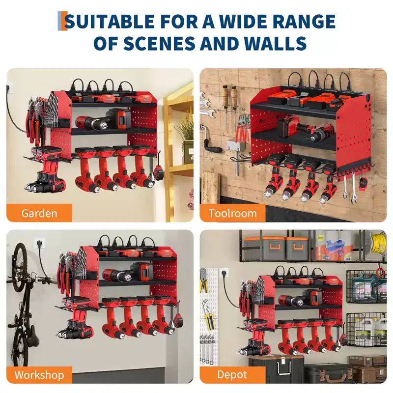 Power Tool Organizer,Drill Holder Wall Mount with Charging Station,Heavy Duty 3/4-Layer Power Pool Storage ,4 Drill Shelf with Hooks