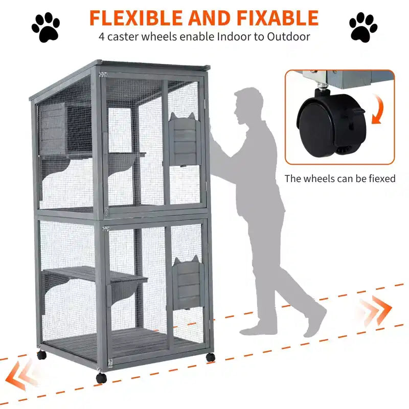 Cat Enclosure, 69-Inch Wooden Catio 4-Tier - 37x34x69in Waterproof Roof Removable Tray Lockable Casters Indoor/Outdoor Multiple Accesses