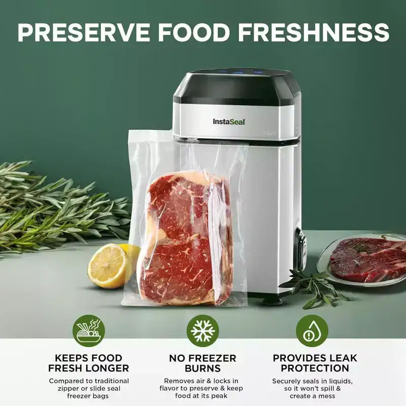 InstaSeal Vacuum Sealer Food Saver Bag Sealer Machine Upright Suction Base With 50 Food Safe Storage Bags
