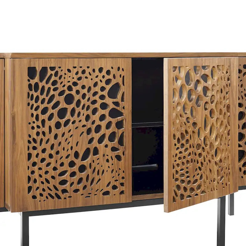 Walnut Veneer Sideboard Credenza with Sliding Doors for 1–4 Person Dining Room