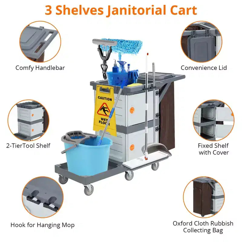 Commercial Janitorial Cart, 3-Shelf Housekeeping Cart with Storage Cabinets and Laundry Bag