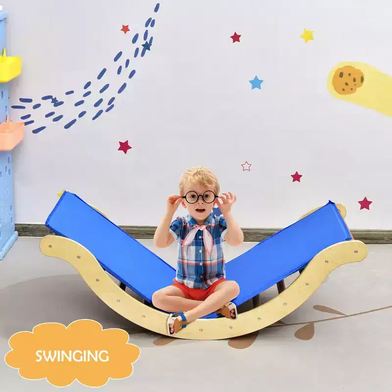 Costway 3-in-1 Kids Climber Set Wooden Arch Triangle Rocker w/ Ramp & Blue Mat